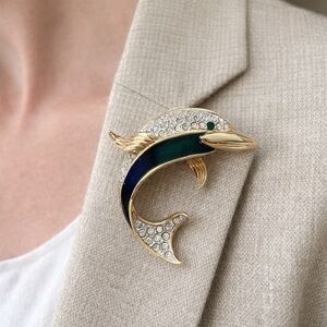 Vintage A&S blue Green enamel Dolphin Brooch rhinestone nautical pin